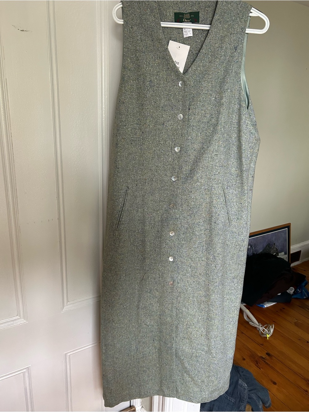 Orvis green sage Tweed Long A-Line dress Button Front 16 Made in USA wool silk